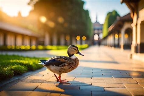 Premium Photo A Duck Walks On A Sidewalk In A Park