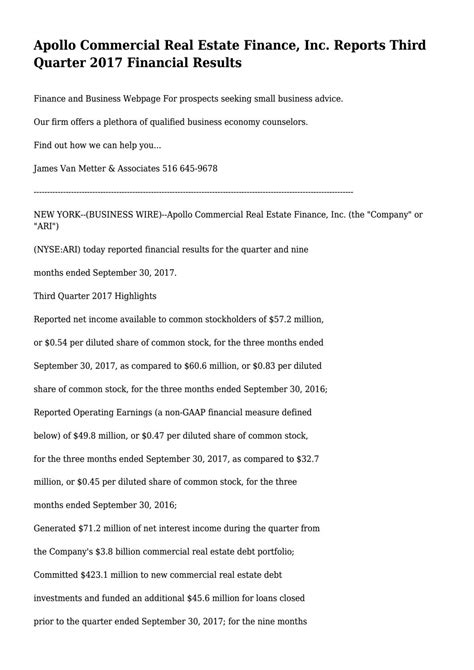 Apollo Commercial Real Estate Finance Inc Reports Third Quarter 2017 Financial Results By