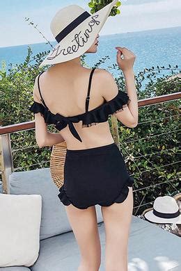 Black High Waisted Ruffle Bikini Set Cute