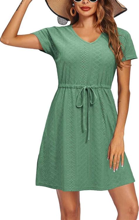 Women S Swimsuit Cover Ups V Neck Drawstring Slit Eyelet Embroidery Bikini Beachwear Flowy Short