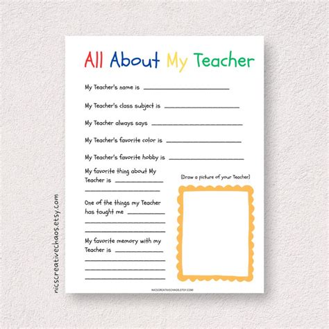 All About My Teacher Classroom Printable Template Homeschool Activity