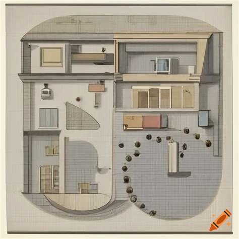 Modern 3D museum floor plan with architectural drawings and blueprints on Craiyon