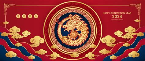 Happy Chinese New Year Dragon Gold Zodiac Sign On Red Background