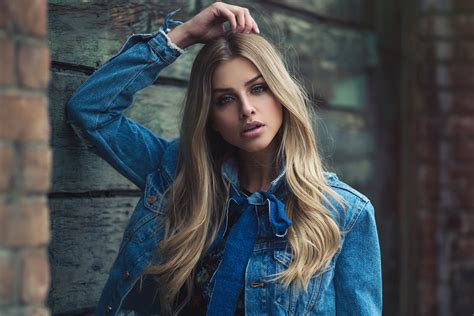 Wallpaper Women Blonde Portrait Denim Face Bricks Blue Eyes