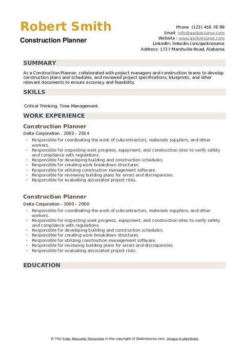 Construction Planner Resume Samples Qwikresume