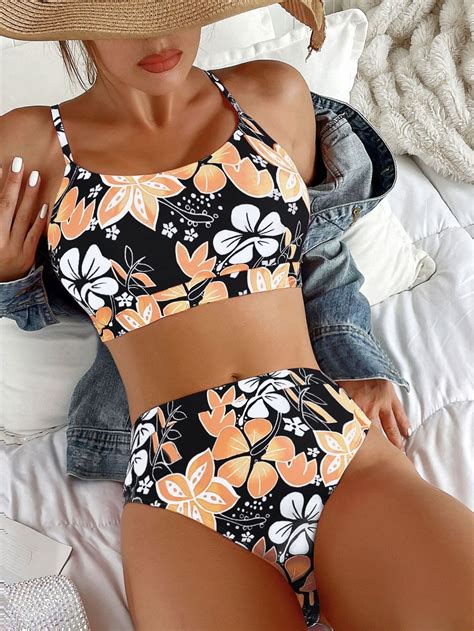 Bañador bikini con estampado floral al azar de talle alto Express