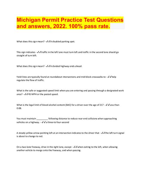 Michigan Permit Practice Test Questions And Answers 2022 100 Pass Rate Browsegrades