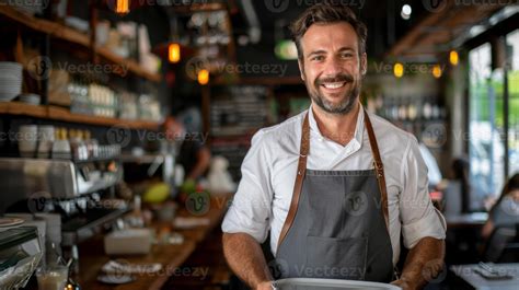 Smiling Friendly Coffee Maker Barista In A Cozy Wooden Cafe Blurred