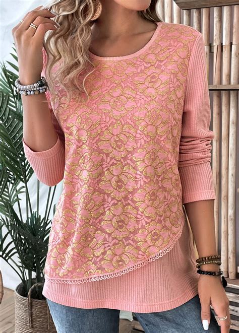 Rotita Layered Dusty Pink Round Neck Long Sleeve T Shirt Rotita