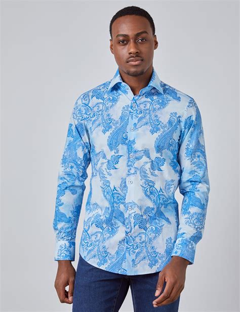 Paisley Slim Fit Shirt With Single Cuff In Blue Hawes Curtis Uk