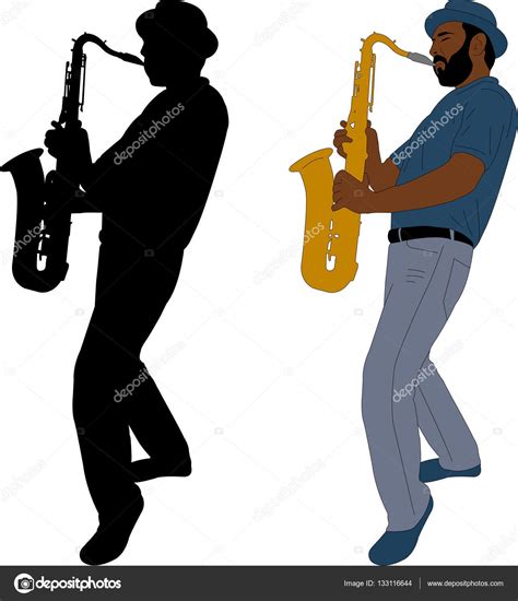 Musician Plays Saxophone Illustration And Silhouette Stock Vector Image