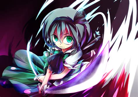 Safebooru 1girl Dual Wielding Green Eyes Hair Ribbon Katana Konpaku