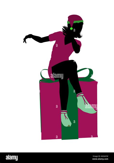 Christmas Elf Sitting On A Gift Box Illustration Silhouette On A White