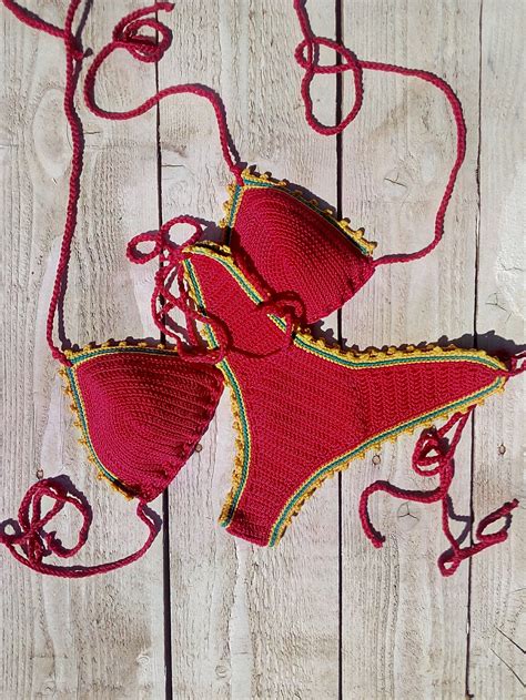 Crochet Bikini Set High Hip Brazilian With Red Yellow Green Etsy