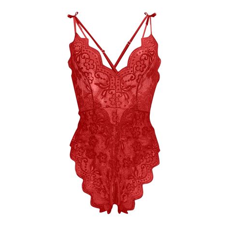 BRDFRL Women One Piece Lingerie Deep V Teddy Sexy Lace Bodysuit Snap Crotch Babydoll Red XL