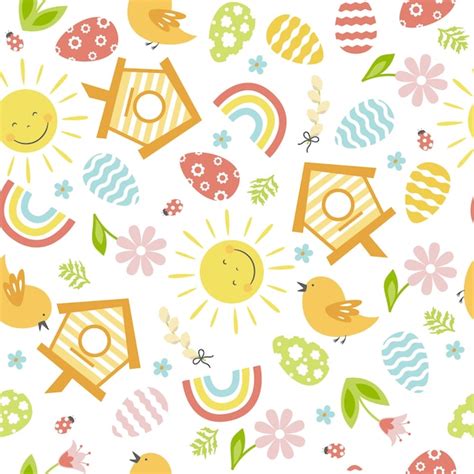 Premium Vector Seamless Easter Pattern With Eggs Flowers Bird Rainbow