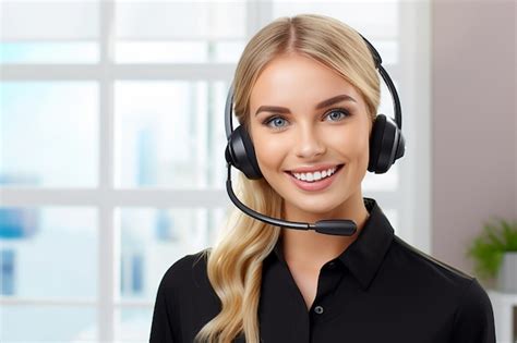 Premium Photo Smiling Woman With Headset Working In A Call Center A