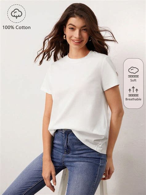 Shein Basics Cotton Solid Round Neck Teei Discovered Amazing