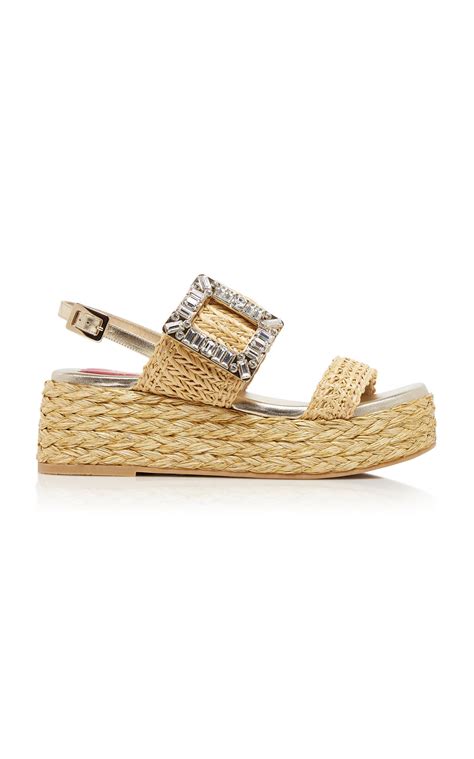 Roger Vivier Crystal Buckle Raffia Platform Sandals In Natural Lyst