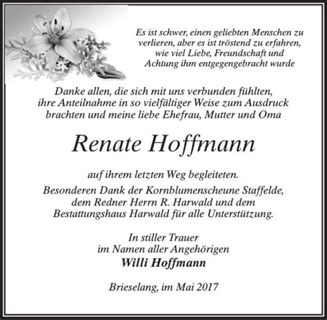 Traueranzeigen Von Renate Hoffmann Trauer Anzeigen De