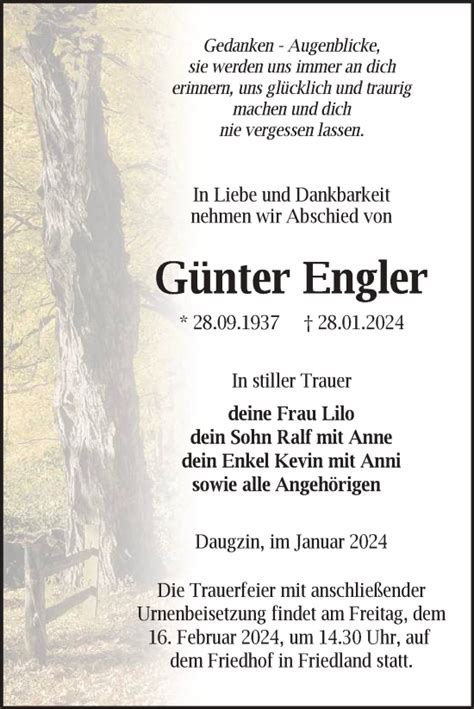 Traueranzeigen von Günter Engler Trauer Nordkurier