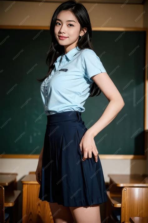 Premium Photo An Asian Girl In School Uniform Standing In A Classroom