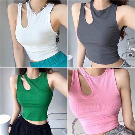 Áo Bra Nữ Ba Lỗ Tăm Khoét Vai Dáng Lửng Có Đệm Ngực HOT Trend Mới Hot Bikini Shopee Việt Nam
