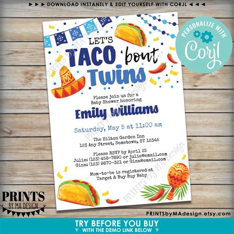 Twins Baby Shower Invitation Lets Taco Bout Twins Fiesta One