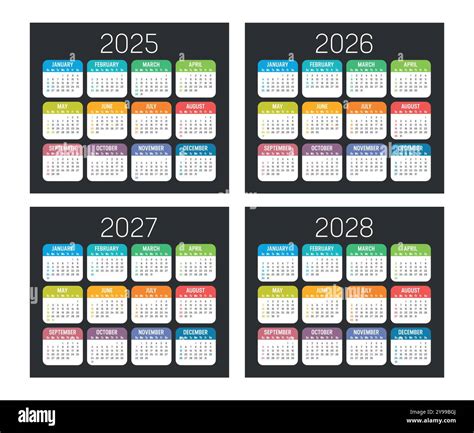 Colorful Usa Calendar Set Year 2025 2026 2027 2028 Planner Dark