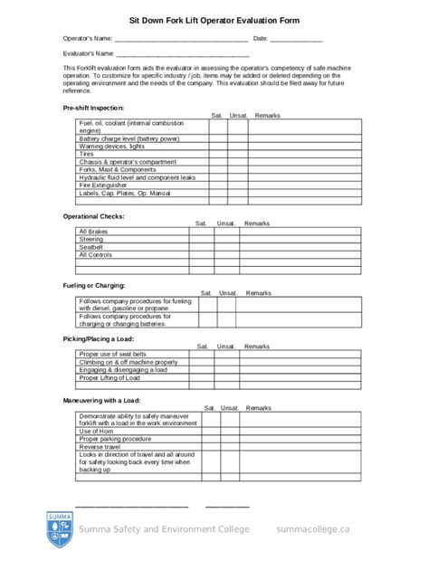 Forklift Operator Evaluation Template Doc Template PdfFiller