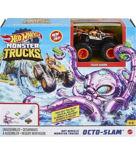 Hot Wheels Monster Trucks Octo Slam vehículo de tiburón tigre 2 coches triturables y lanzador