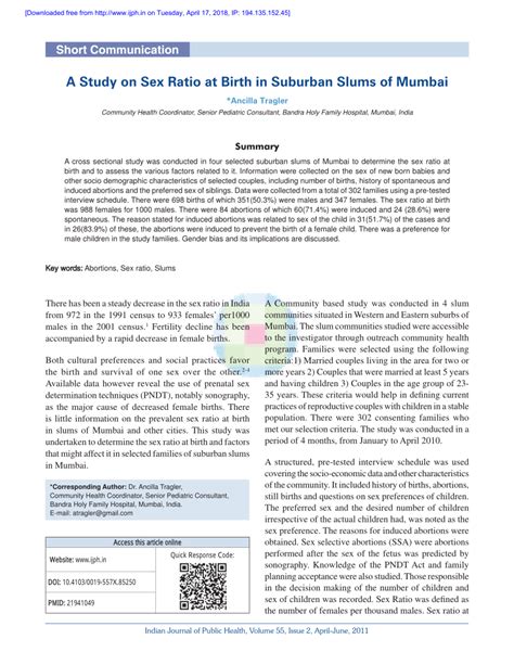 PDF A Study On Sex Ratio At Birth In Suburban Slums Of Mumbai