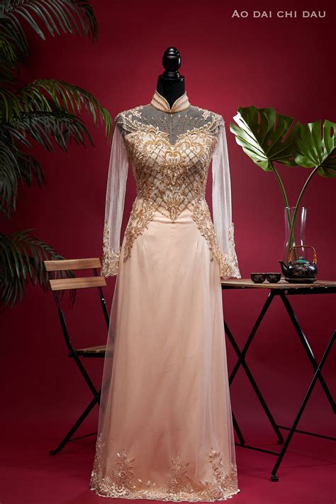 Vietnamese Wedding Ao Dai Long Dress Light Gold Nude Hand Beading Detail Custom Size