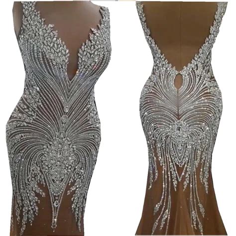 Handmade Silver Bodice Applique On Nude Mesh Sew On Rhinestones Patches Full Body For Front And Png