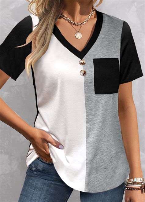 ROTITA Plus Size Patchwork Black V Neck T Shirt Rotita USD 28 98