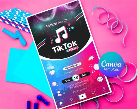 Tiktok Birthday Digital Invitation Canva Invitation Digital Templete Canva Tik Tok Digital Party