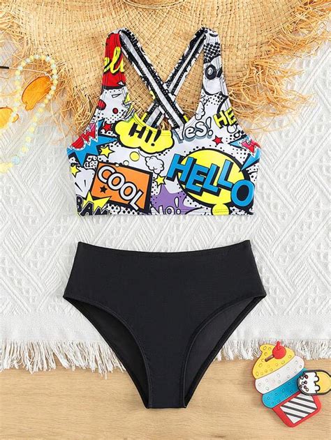 Chicas Ba Ador Bikini Con Estampado De Dibujos Animados Y Letra De