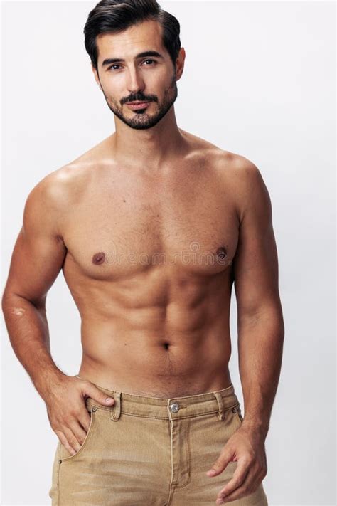 Male Athlete Model With Naked Torso And Packs Of Abs Sporty On White Isolated Background Trendy