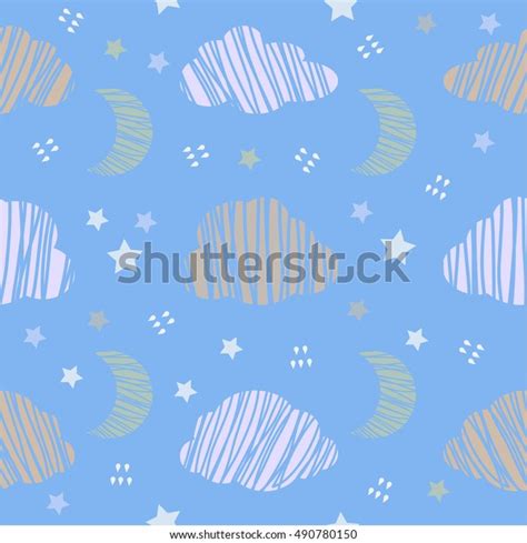 Seamless Night Sky Clouds Moonstar Pattern Stock Vector Royalty Free