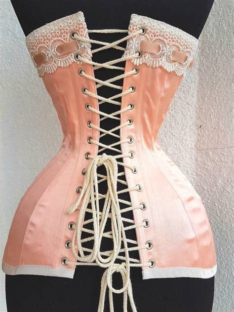 Nude Peach Satin Coutil Steel Boned Edwardian S Bend Overbust Tight Lacing Corset With Venise