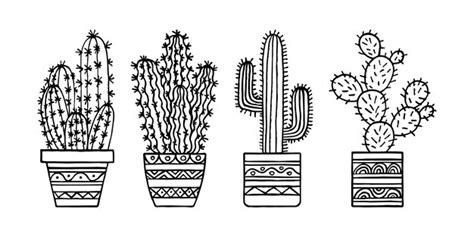 Conjunto De Cactus Doodle En Macetas Vector Premium