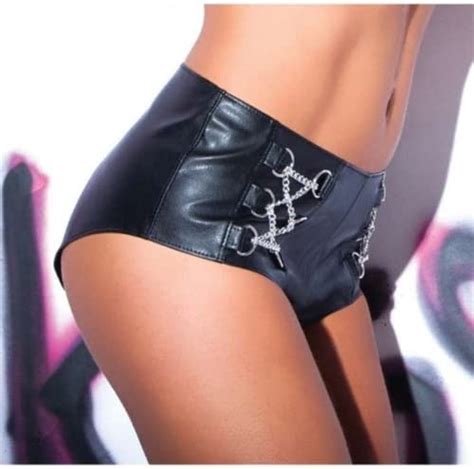 Amazon アルーアランジェリー ALLURE LINGERIE Faux Leatherフェイクブラックレザーとチェーンショーツ ALL 15 5402 Black S