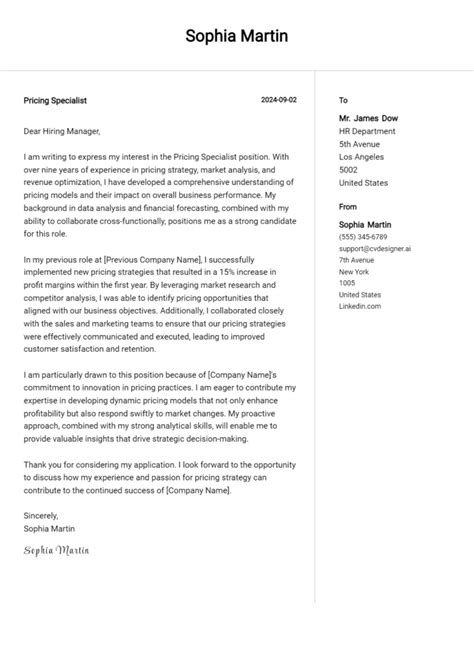 Pricing Specialist Cover Letter Example For 2024 Tips Templates