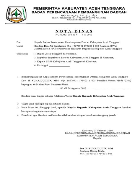 Contoh Surat Nota Dinas Tugas Dinas Contoh Nota Contoh Surat