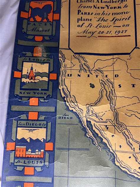Vintage Map Charles A. Lindbergh Flight from New York to Paris 1927