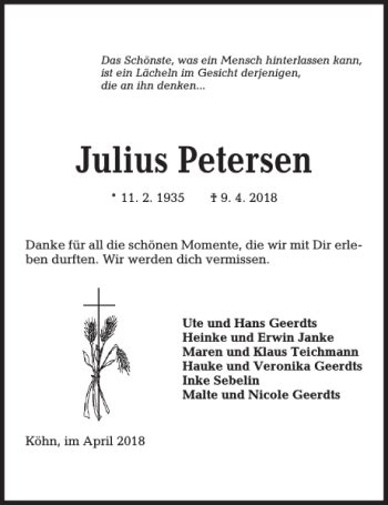 Traueranzeigen Von Julius Petersen Trauer Anzeigen De