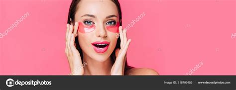 Excited Naked Beautiful Woman Touching Eye Patch Face Isolated Pink Stock Photo IgorVetushko