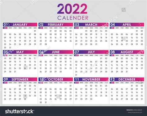 Colorful Year 2022 Calendar Horizontal Vector Stock Vector Royalty