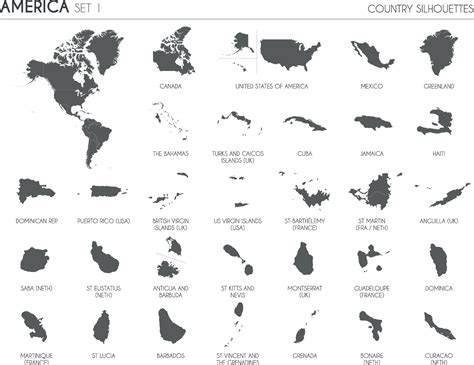 Set Of 30 High Detailed Silhouette Maps Of American Countries And Territories And Map Of