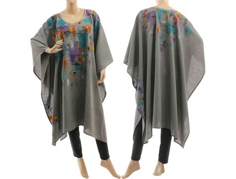 Grey Boho Linen Poncho Hand Painted Plus Size Linen Poncho Etsy